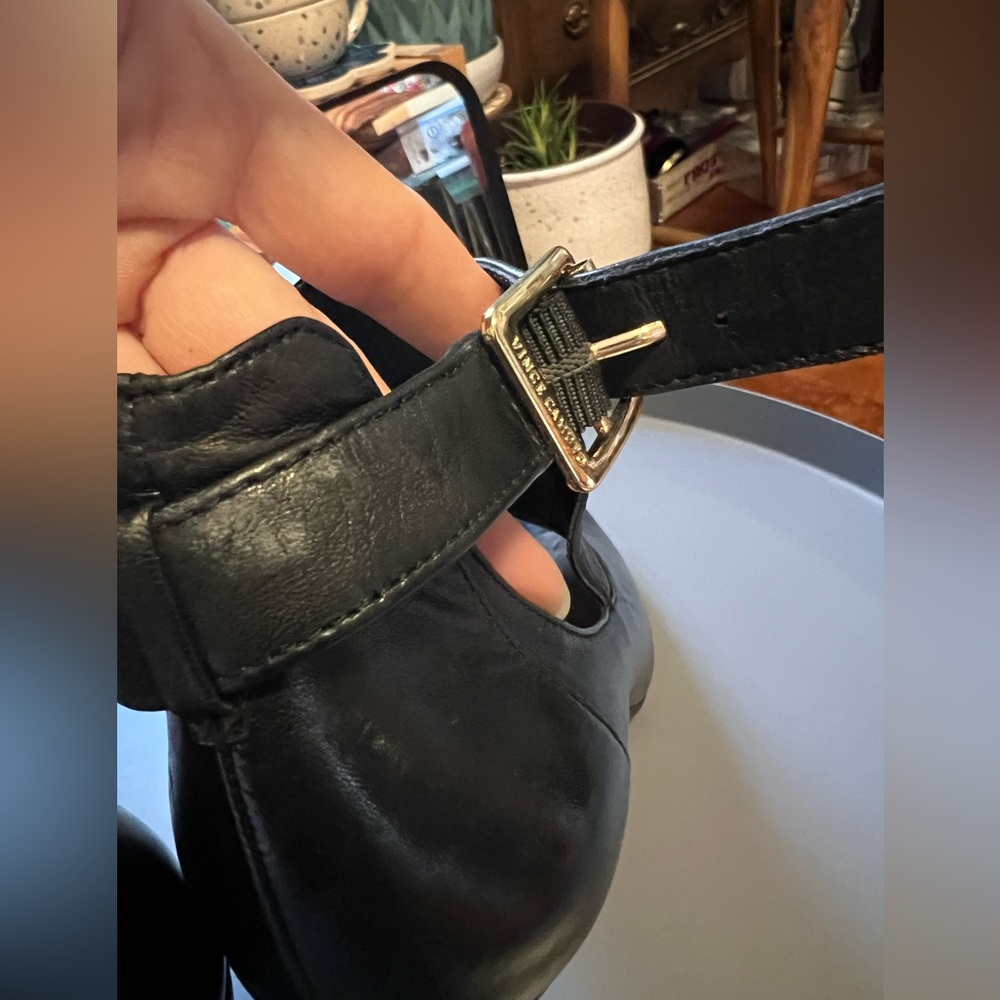 Vince Camuto Black Leather Peep-Toe Ankle-Strap Stilettos - Picture 6 of 16